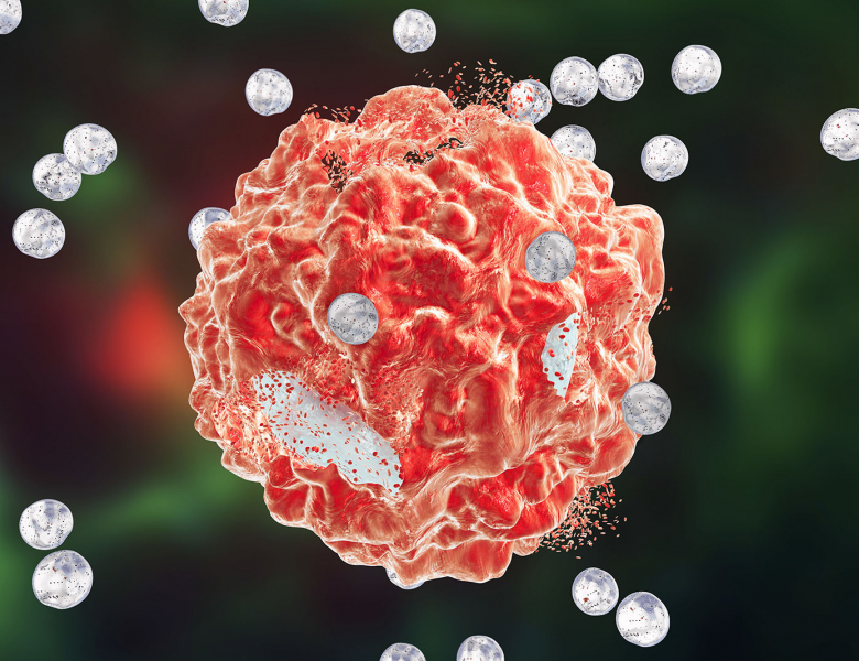 Destruction d'une cellule cancéreuse par des nanoparticules