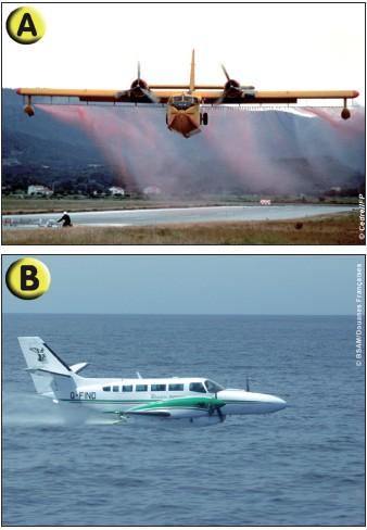 (a) Épandage aérien dispersant au Canadair. Essai de calibration au sol de l’épandage. Expérimentation Protecmar ; (b) Le Cessna équipé du POD en train d’épandre le dispersant. Expérimentation Depol 04.