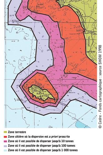 Définition des trois limites géographiques françaises fondées sur la profondeur et les distances pour trois niveaux de pollution.