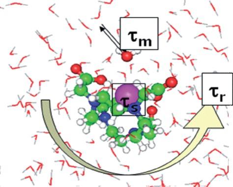 Complexe du gadolinium (Gd au centre en violet) avec son chélate, au milieu d’un environnement de molécules d’eau. Certaines molécules d’eau entrent dans la sphère interne du complexe et interagissent avec le gadolinium, ce qui a pour effet d’augmenter la vitesse de relaxation et donc l’intensité du signal IRM dans cette région.