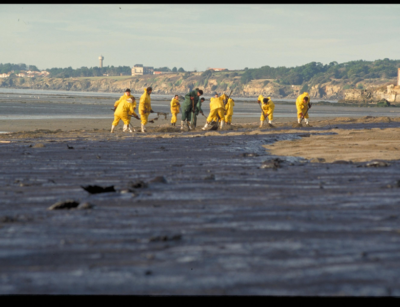 Photo du nettoyage des plages de la Bernerie-en-Retz après la marée noire de l'Erika